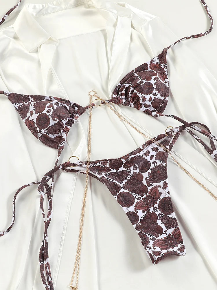NIMA bruine bedrukte driehoekige metalen ketting brazilian bikini
