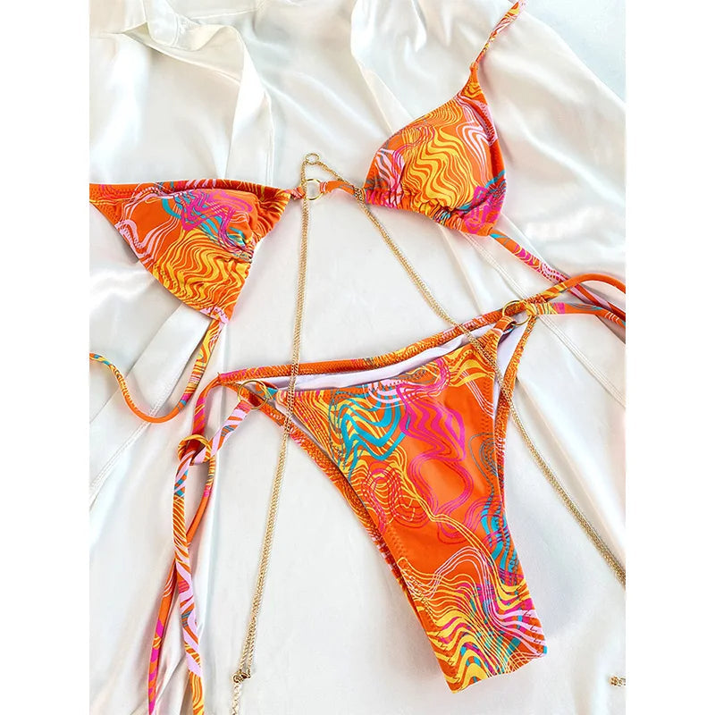 NIMA bruine bedrukte driehoekige metalen ketting brazilian bikini