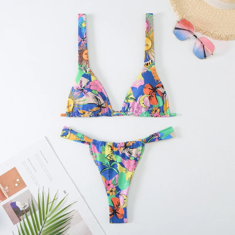 NIMA blauwe bloemenprint lage taille zachte brazilian bikini