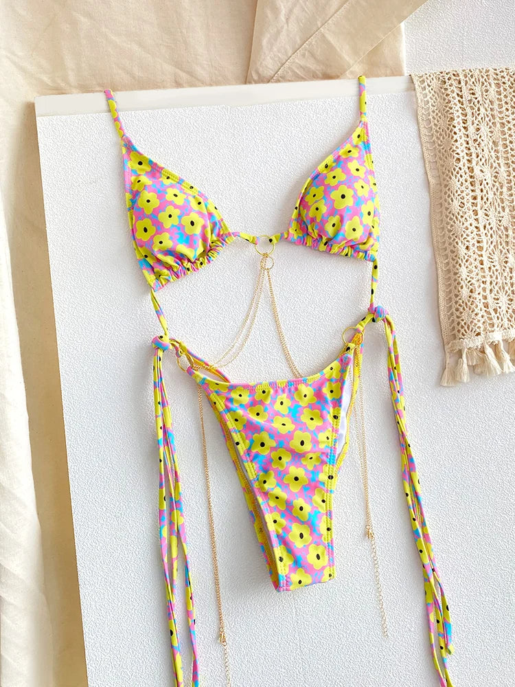 NIMA bruine bedrukte driehoekige metalen ketting brazilian bikini