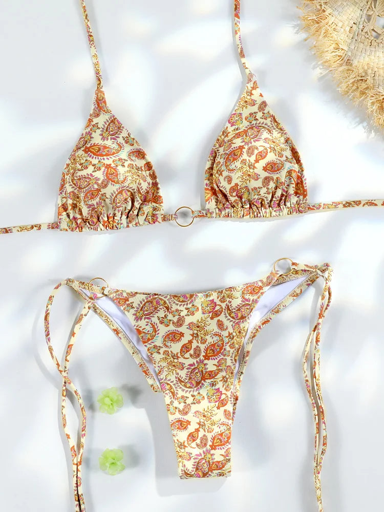 NIMA bruine bedrukte driehoekige metalen ketting brazilian bikini