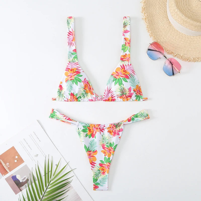 NIMA blauwe bloemenprint lage taille zachte brazilian bikini