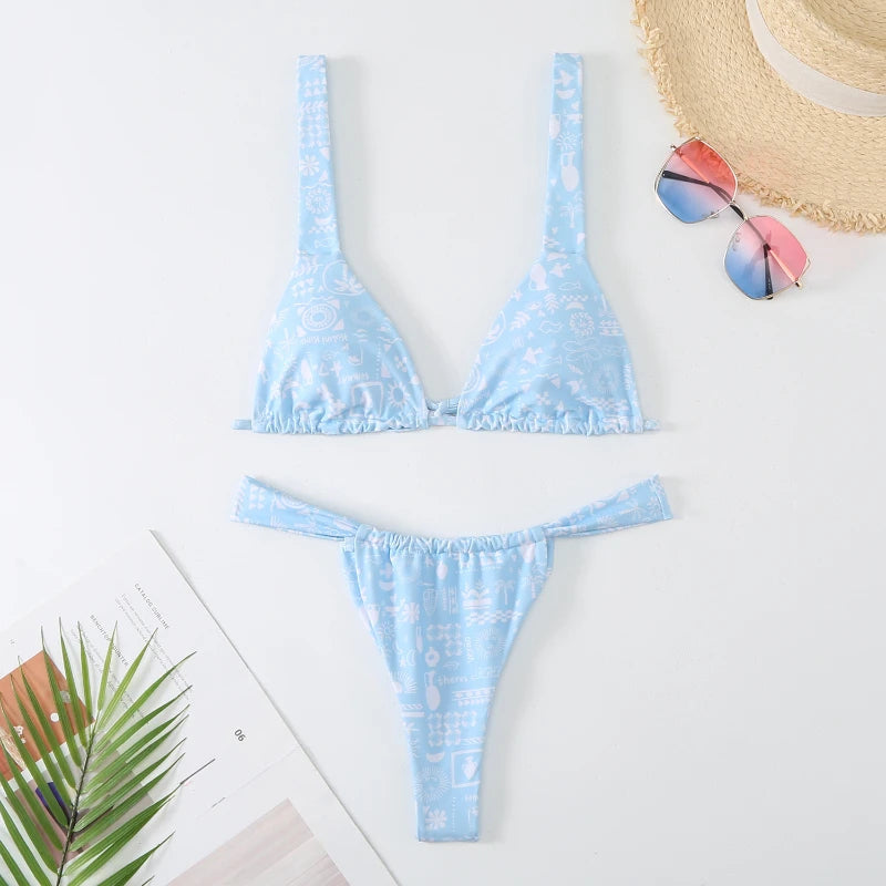 NIMA blauwe bloemenprint lage taille zachte brazilian bikini
