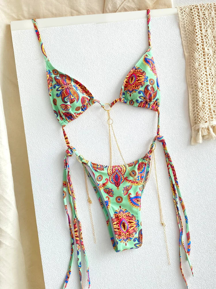 NIMA bruine bedrukte driehoekige metalen ketting brazilian bikini