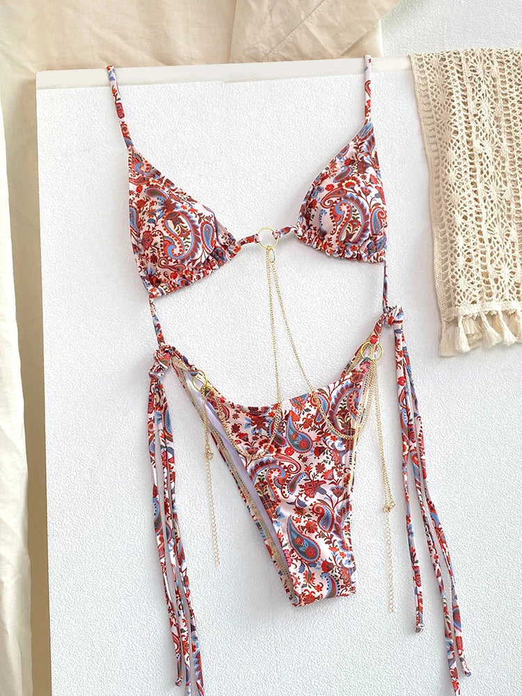 NIMA bruine bedrukte driehoekige metalen ketting brazilian bikini