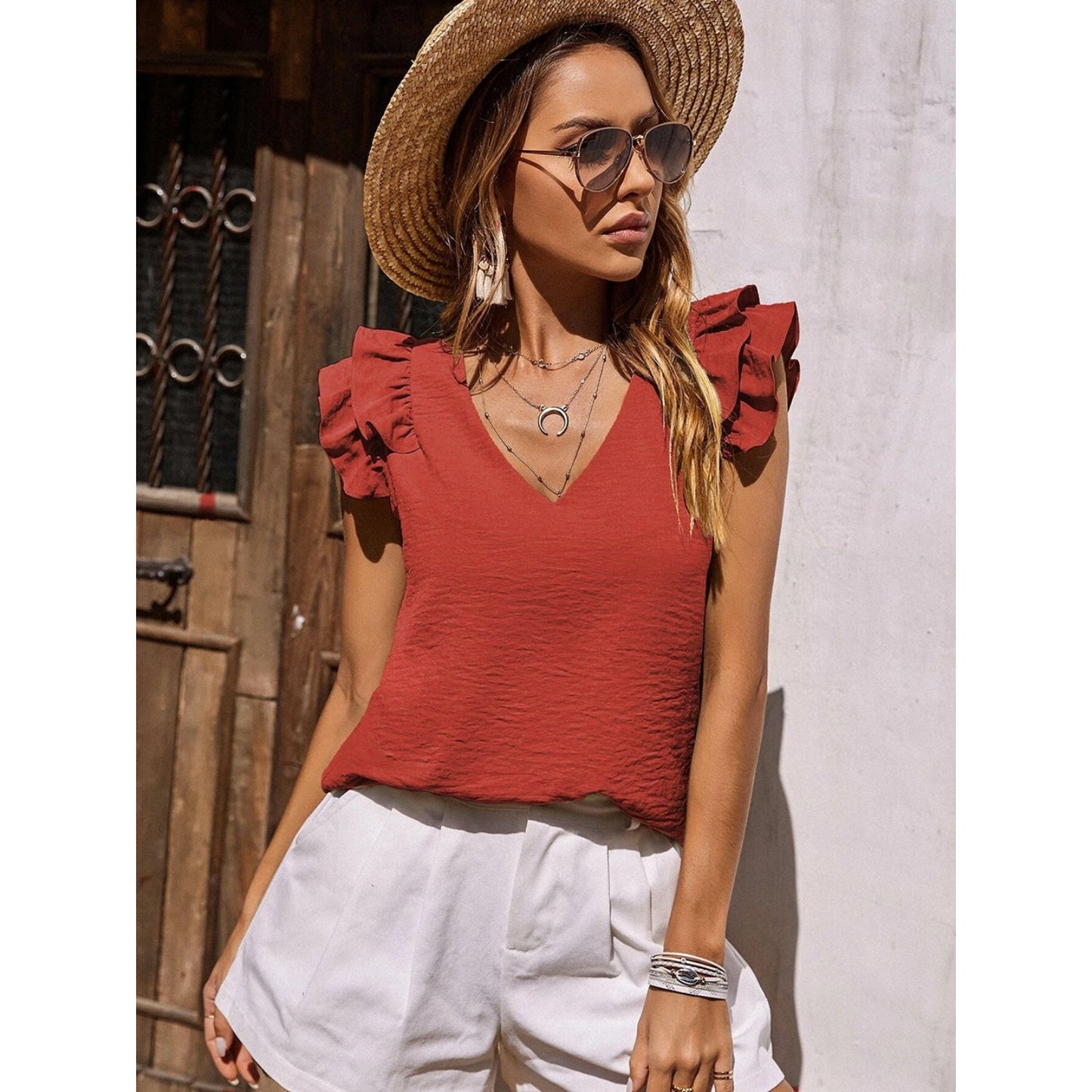 NIMA V-hals met ruches korte mouwen blouse