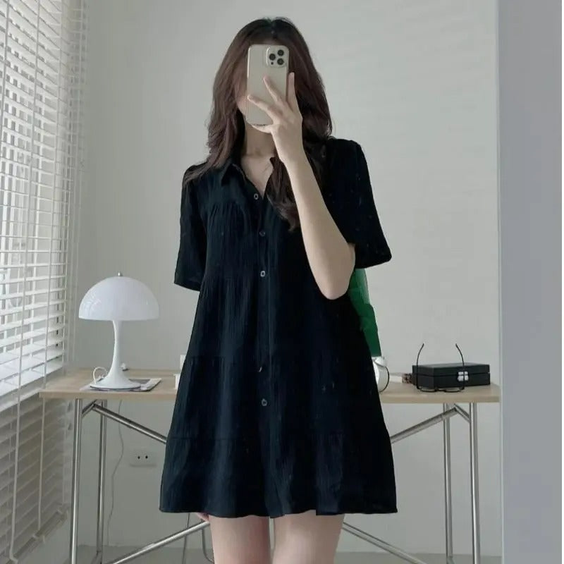 Black simple slim-fit breathable blouse dress