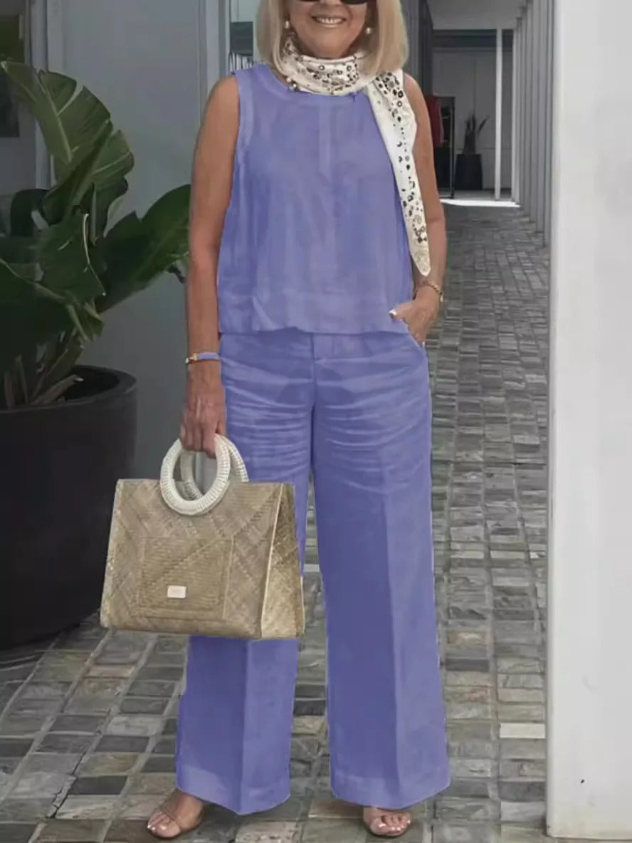 NIMA mouwloze effen kleuren wijde pijpen blouse en broek set