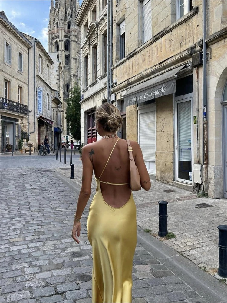 NIMA Elegantes gelbes Midikleid