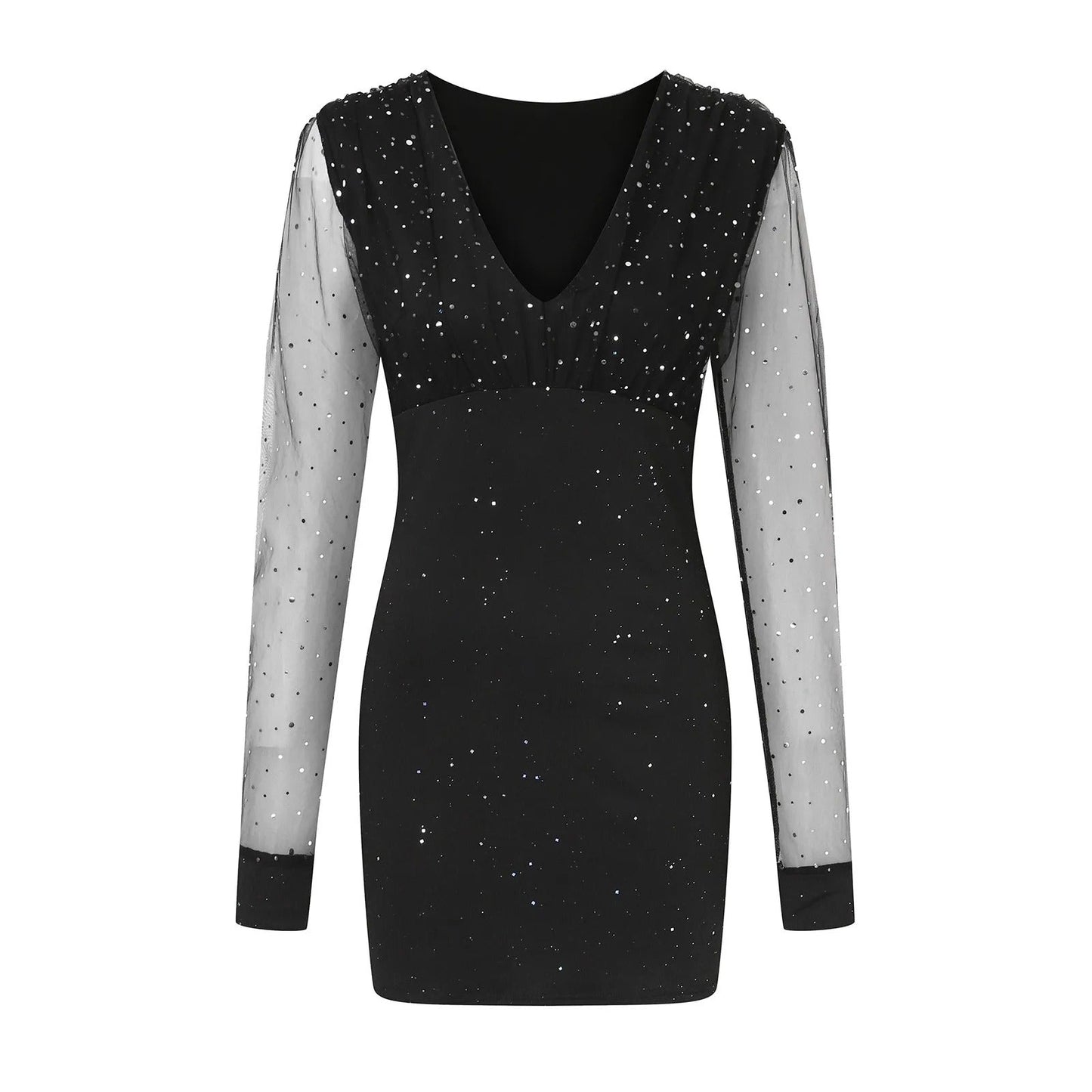geplooide satijnen cocktail met v-hals glitterjurk