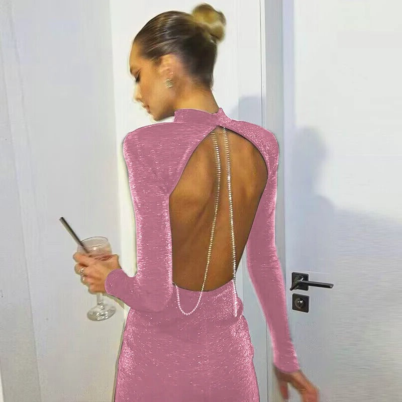 Zwarte lichtgewicht glitterjurk met ketting en ronde hals