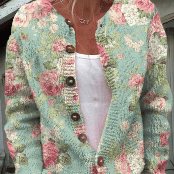 Marlene – knitted floral cardigan with button placket