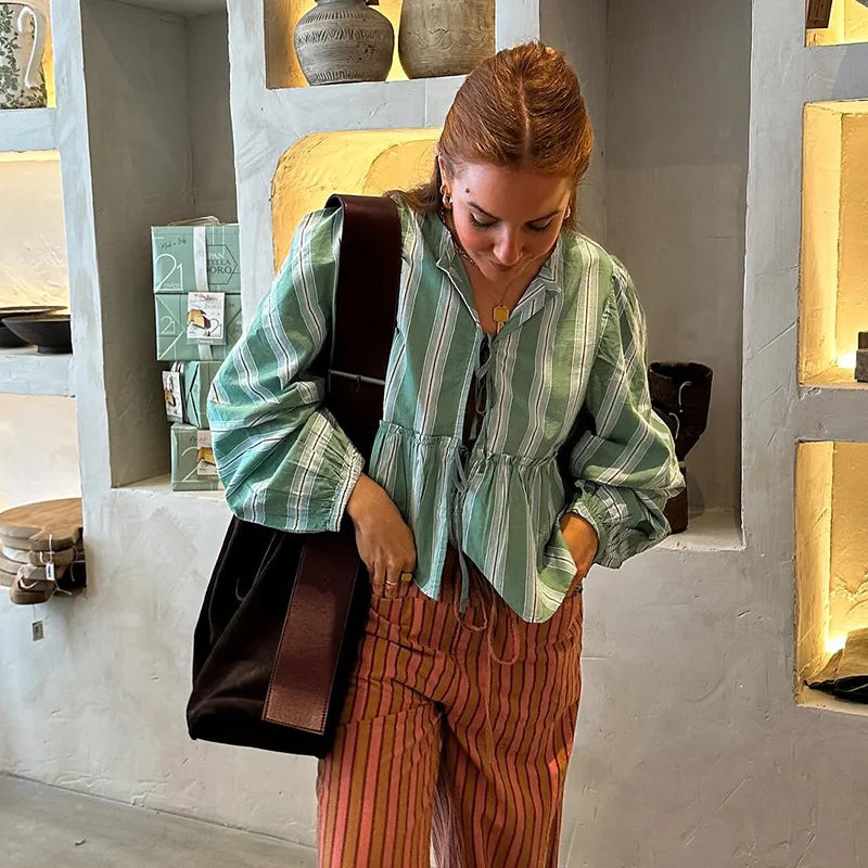 NIMA bedrukte gestreepte blouse en broek set
