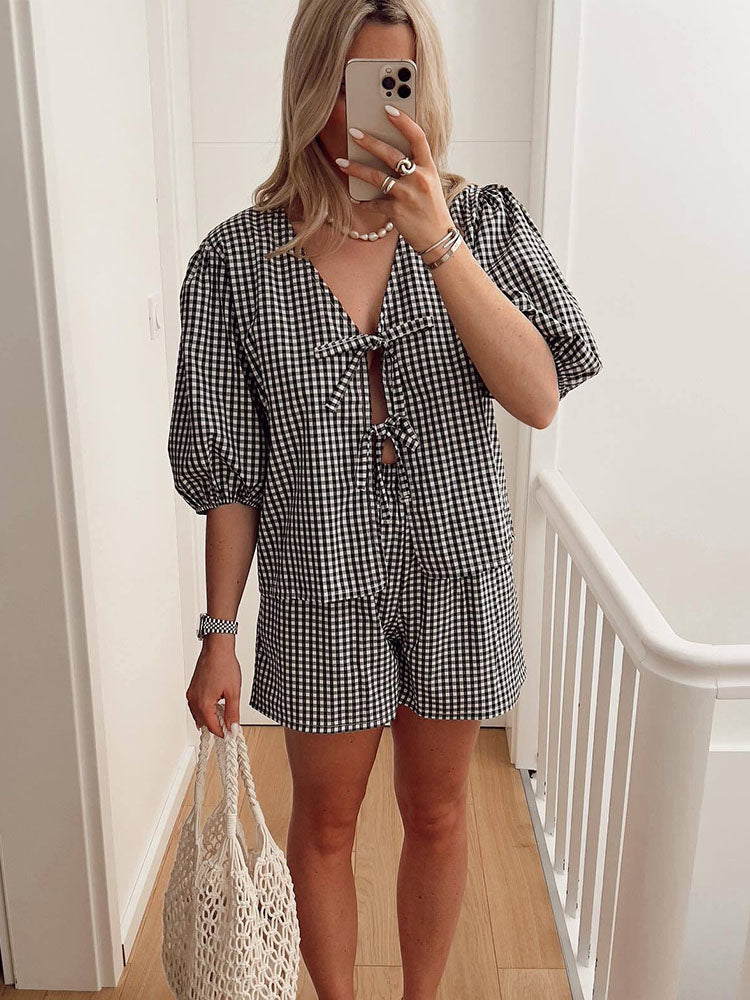 NIMA Getailleerde blouse en broek set met ruitenprint