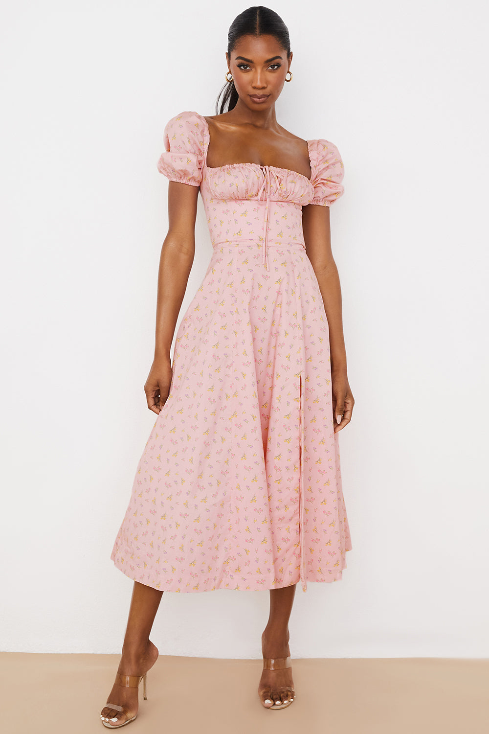 NIMA Midi zonnejurk met bloemenpofmouwen
