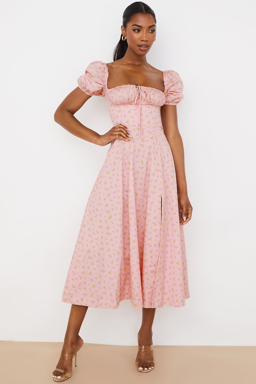 NIMA Midi zonnejurk met bloemenpofmouwen