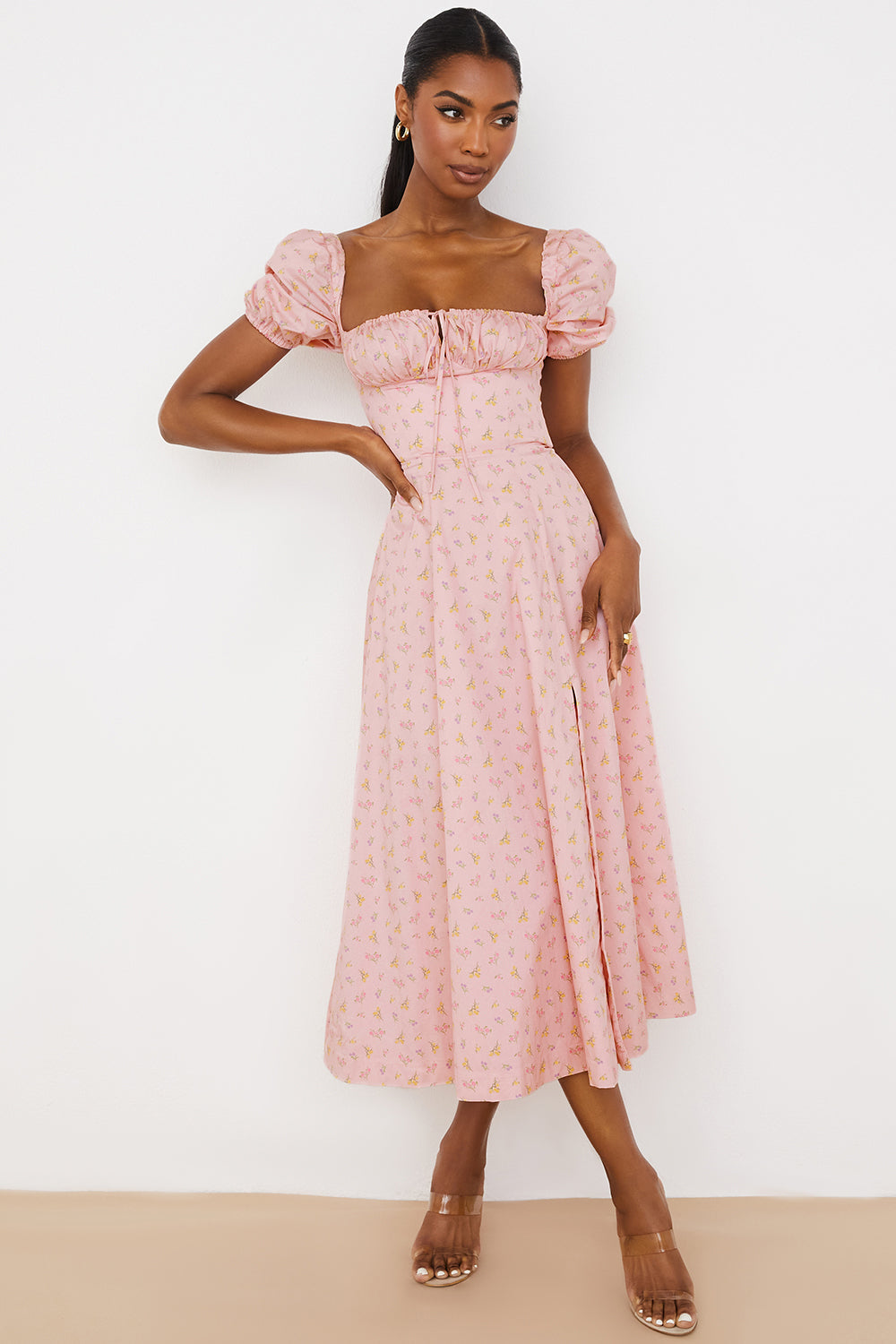 NIMA Midi zonnejurk met bloemenpofmouwen