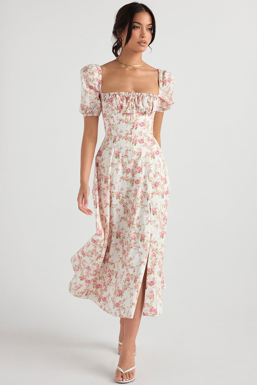 NIMA Midi zonnejurk met bloemenpofmouwen
