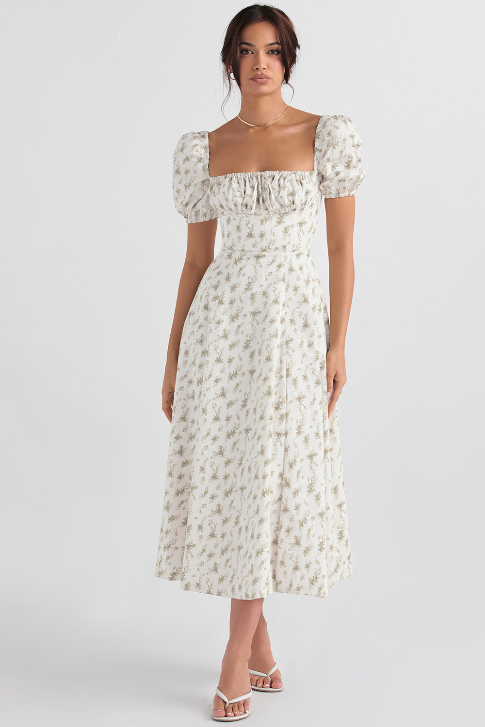 NIMA Midi zonnejurk met bloemenpofmouwen