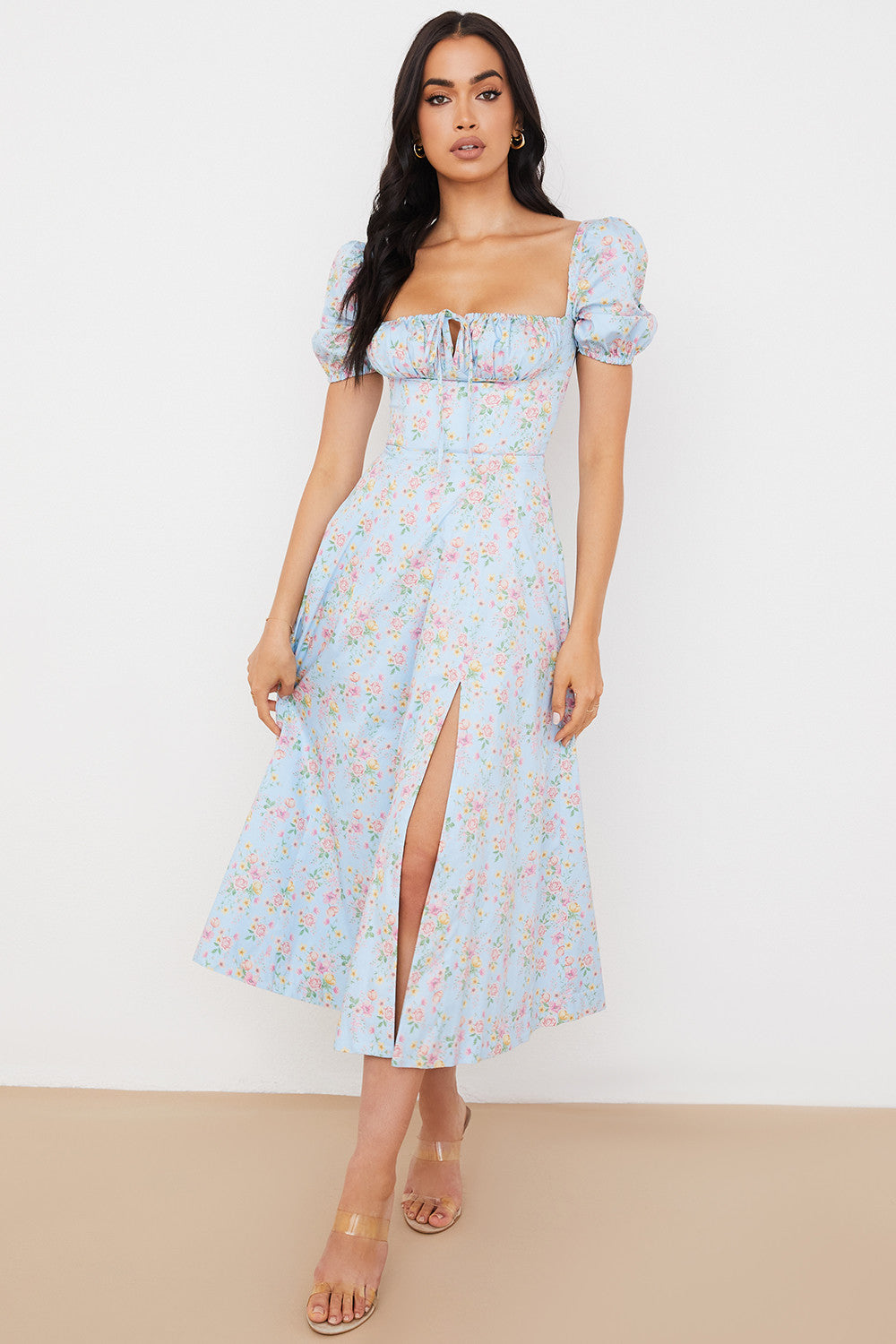 NIMA Midi zonnejurk met bloemenpofmouwen