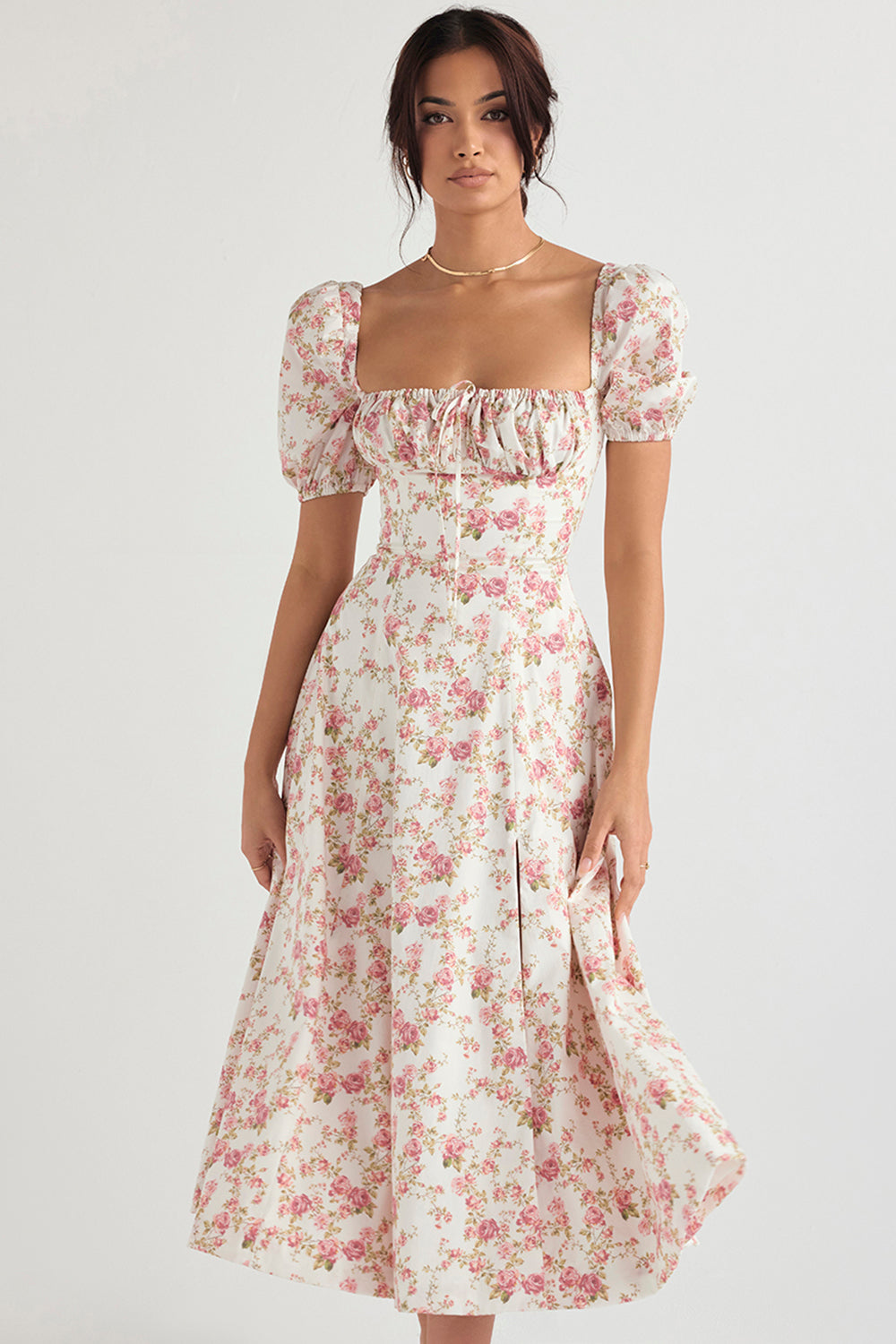 NIMA Midi zonnejurk met bloemenpofmouwen