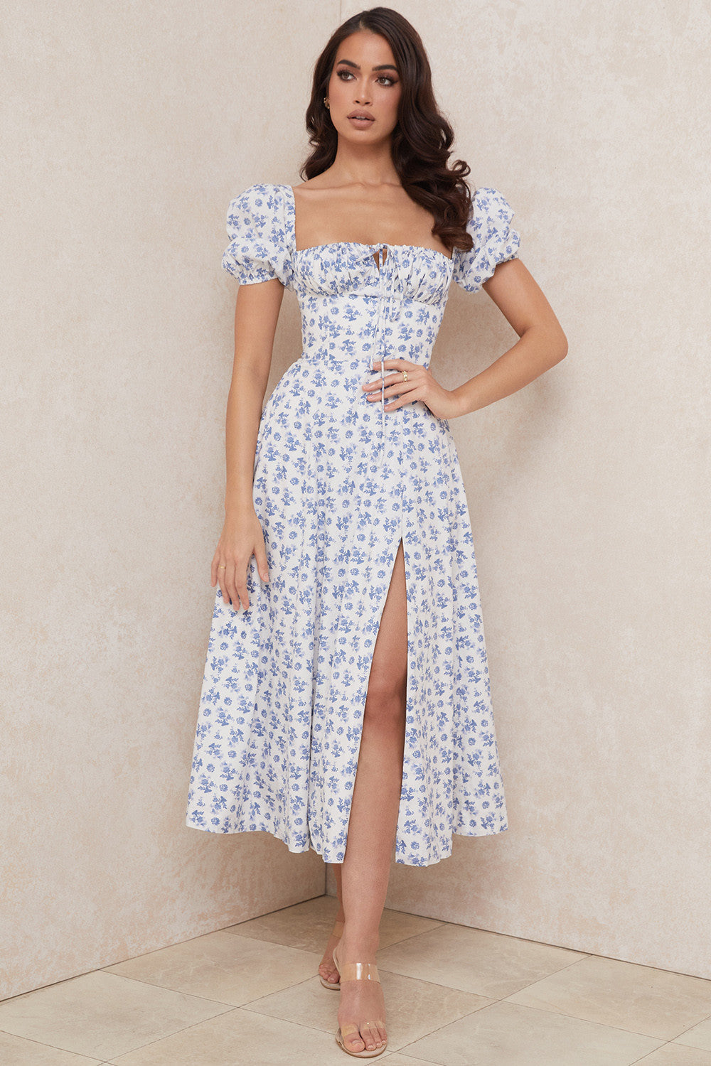 NIMA Midi zonnejurk met bloemenpofmouwen