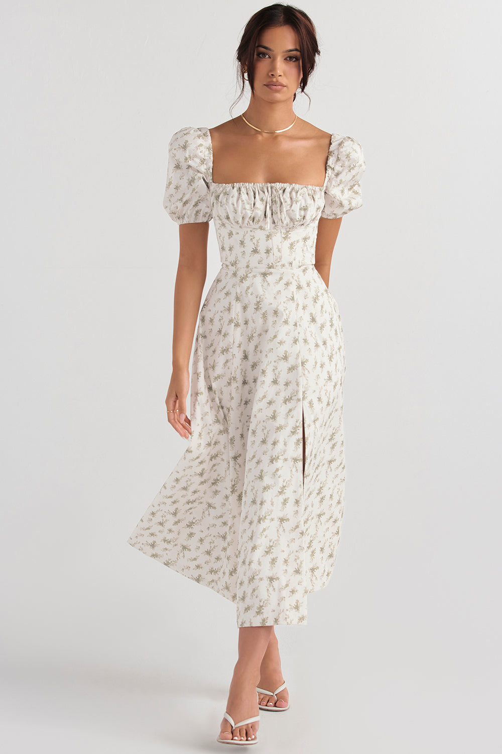 NIMA Midi zonnejurk met bloemenpofmouwen