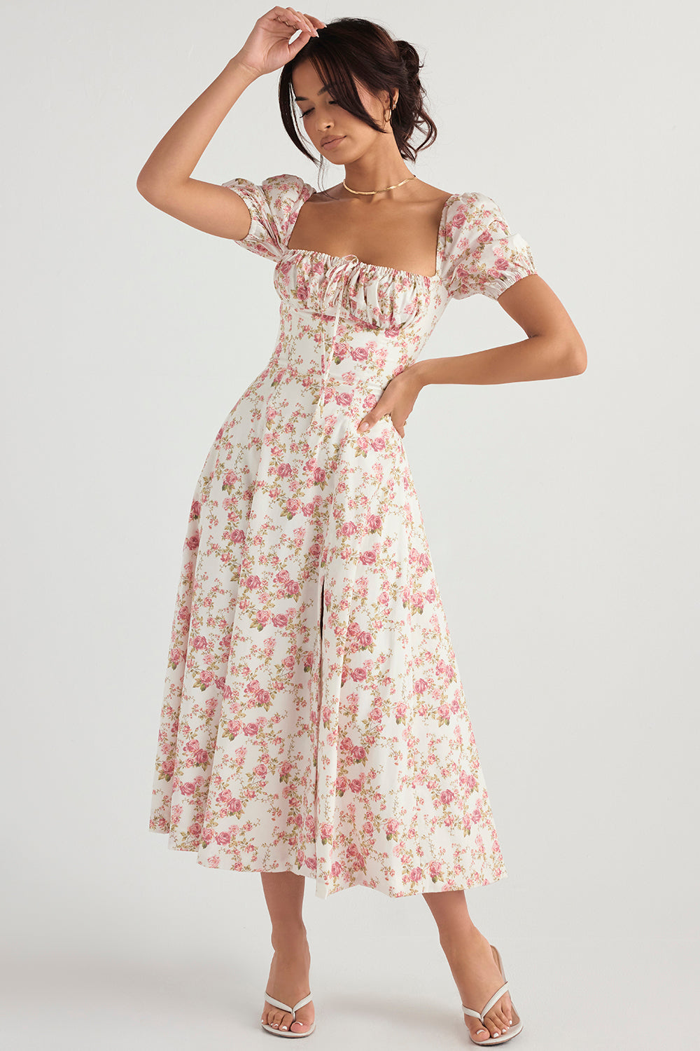 NIMA Midi zonnejurk met bloemenpofmouwen