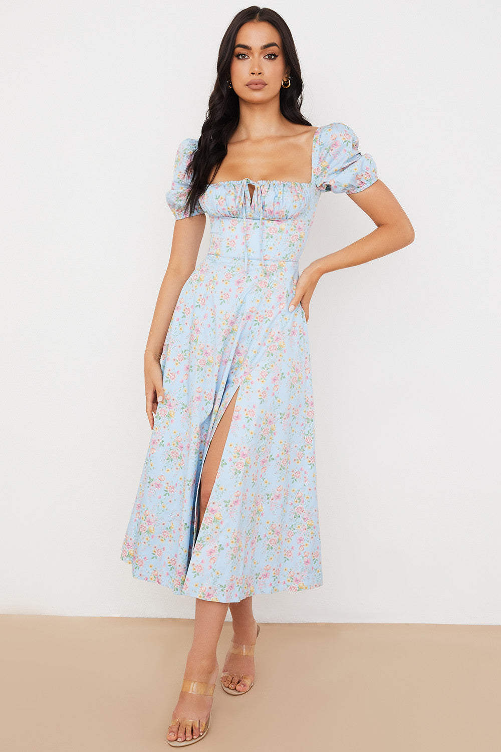 NIMA Midi zonnejurk met bloemenpofmouwen