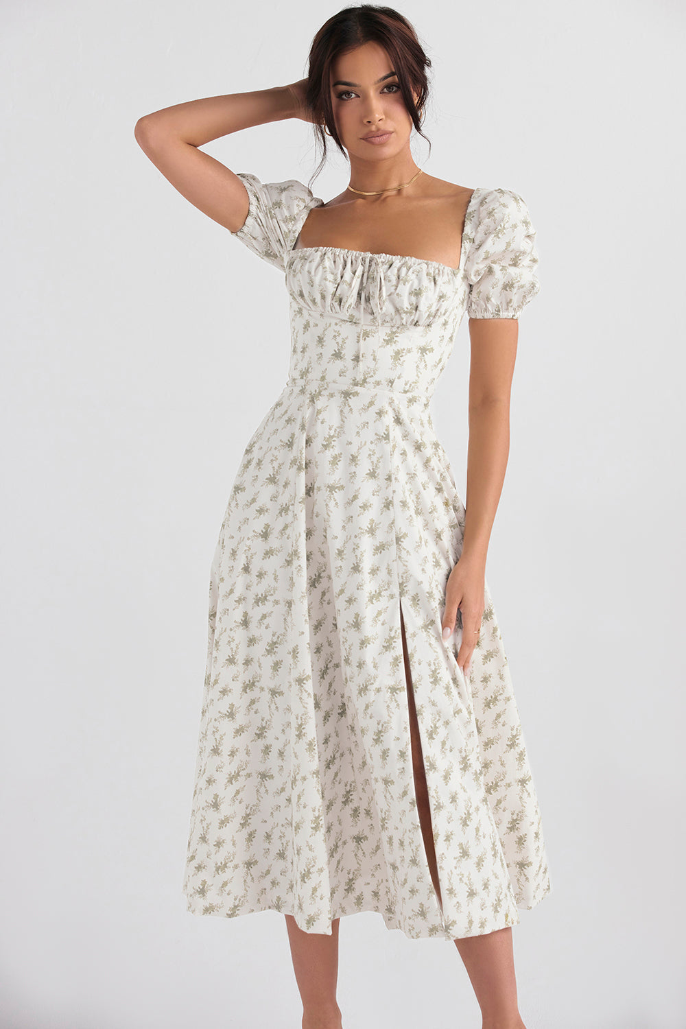NIMA Midi zonnejurk met bloemenpofmouwen