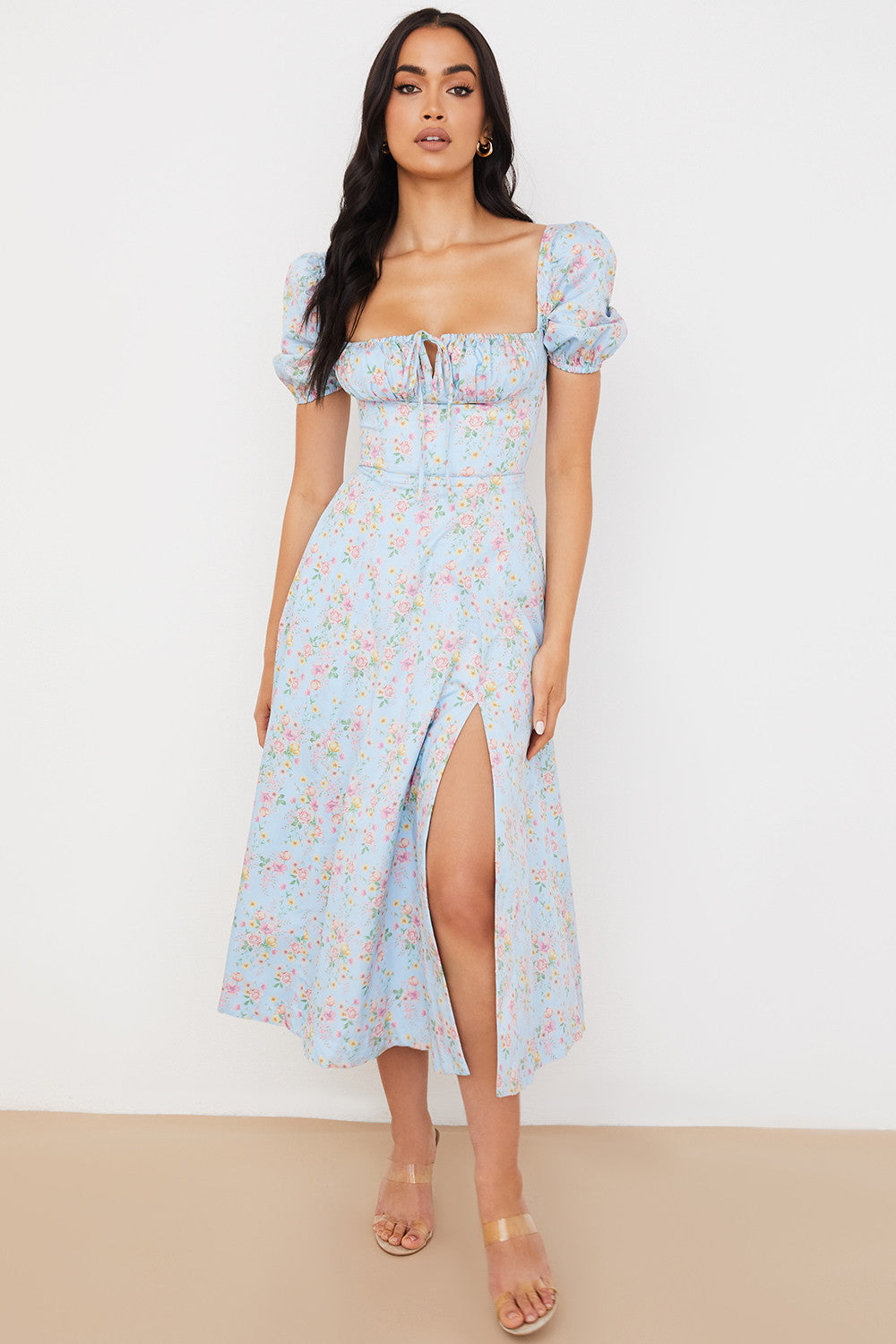 NIMA Midi zonnejurk met bloemenpofmouwen