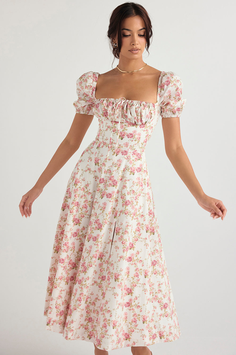 NIMA Midi zonnejurk met bloemenpofmouwen
