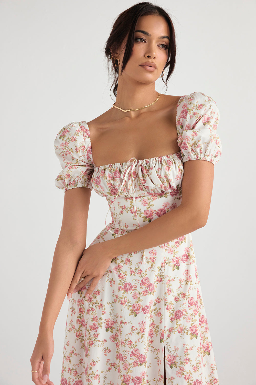 NIMA Midi zonnejurk met bloemenpofmouwen
