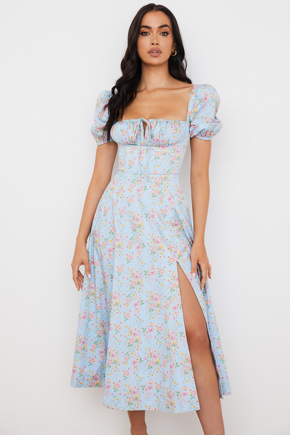 NIMA Midi zonnejurk met bloemenpofmouwen