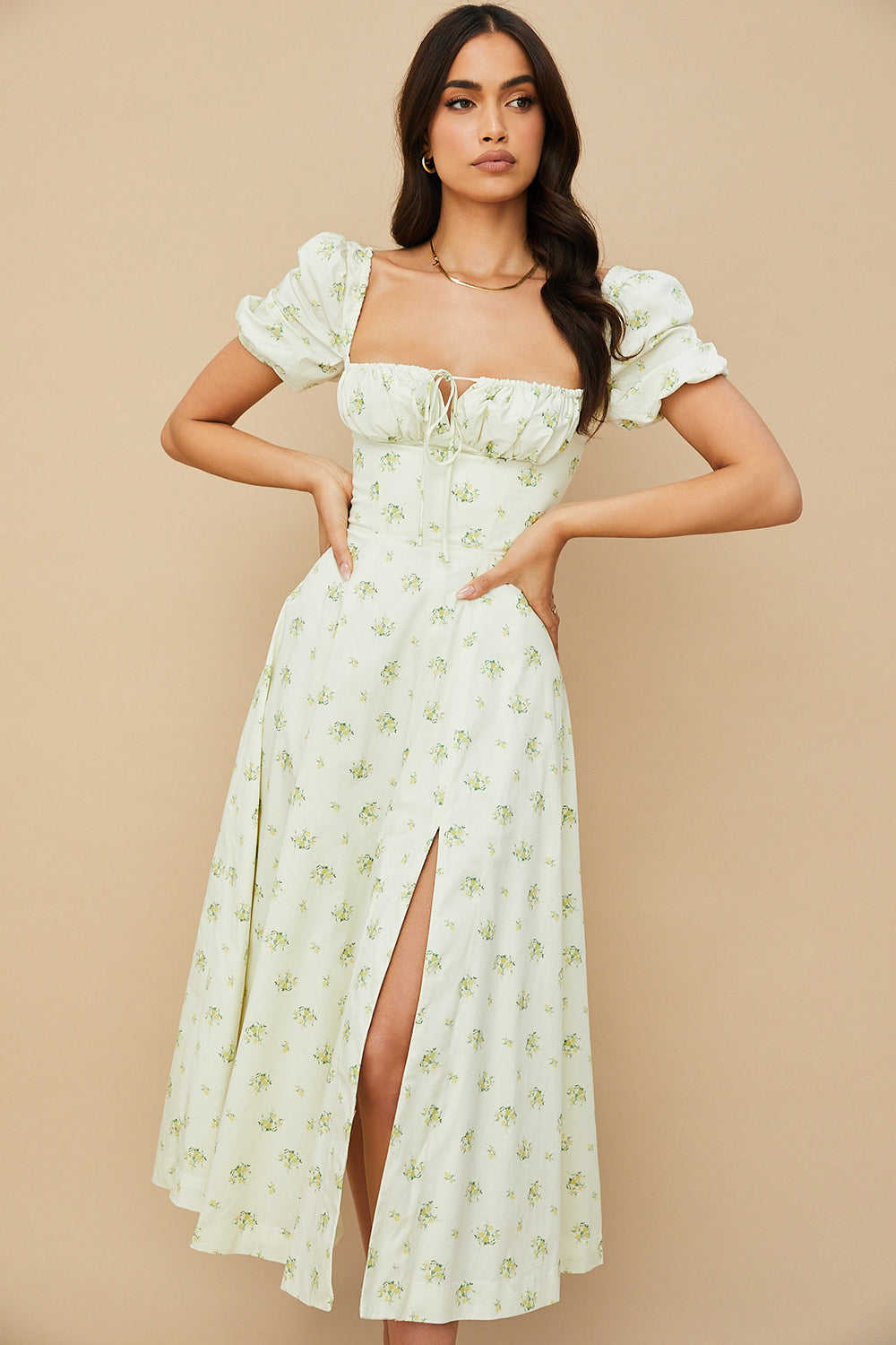NIMA Midi zonnejurk met bloemenpofmouwen