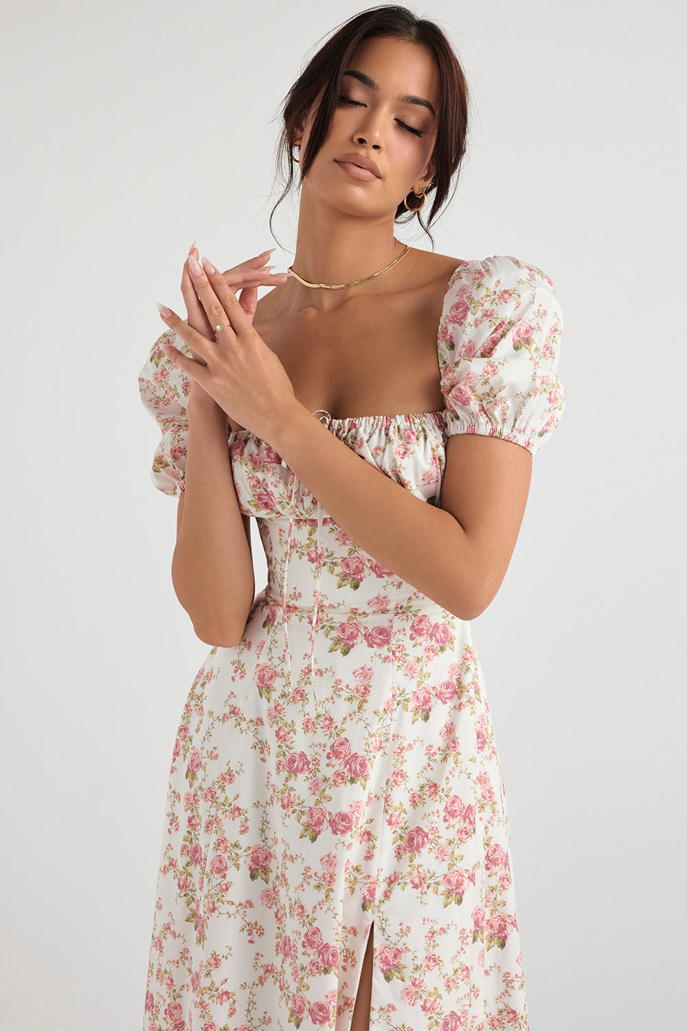 NIMA Midi zonnejurk met bloemenpofmouwen