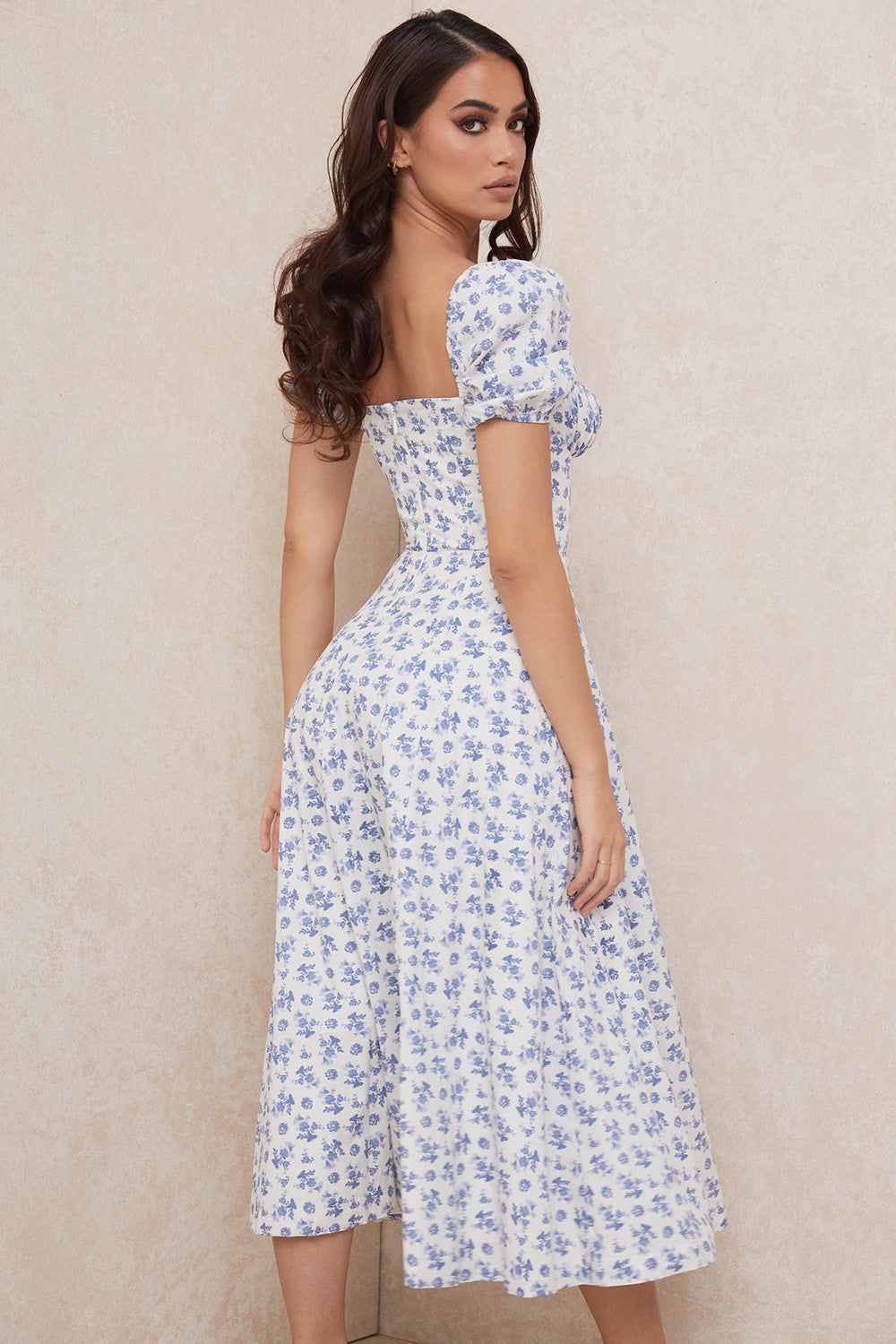 NIMA Midi zonnejurk met bloemenpofmouwen