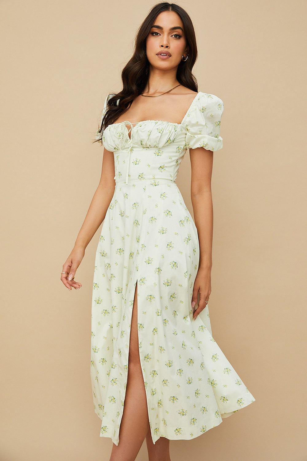 NIMA Midi zonnejurk met bloemenpofmouwen