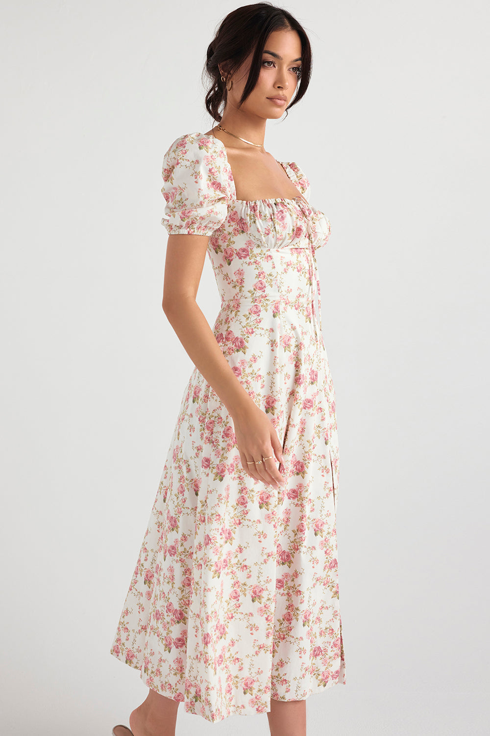 NIMA Midi zonnejurk met bloemenpofmouwen