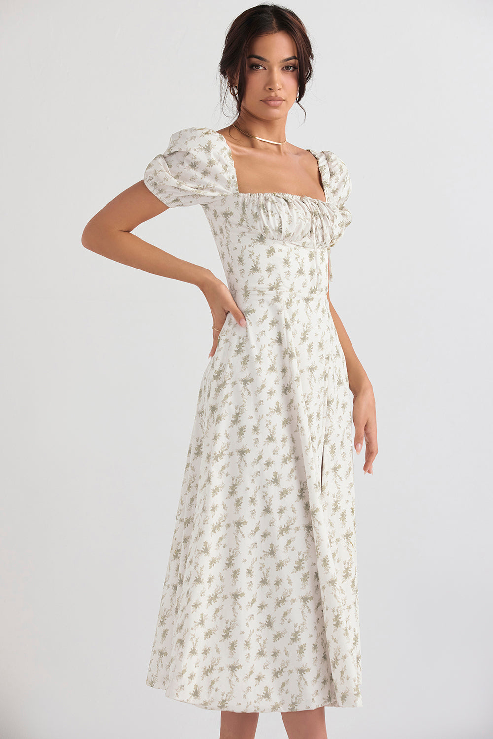 NIMA Midi zonnejurk met bloemenpofmouwen