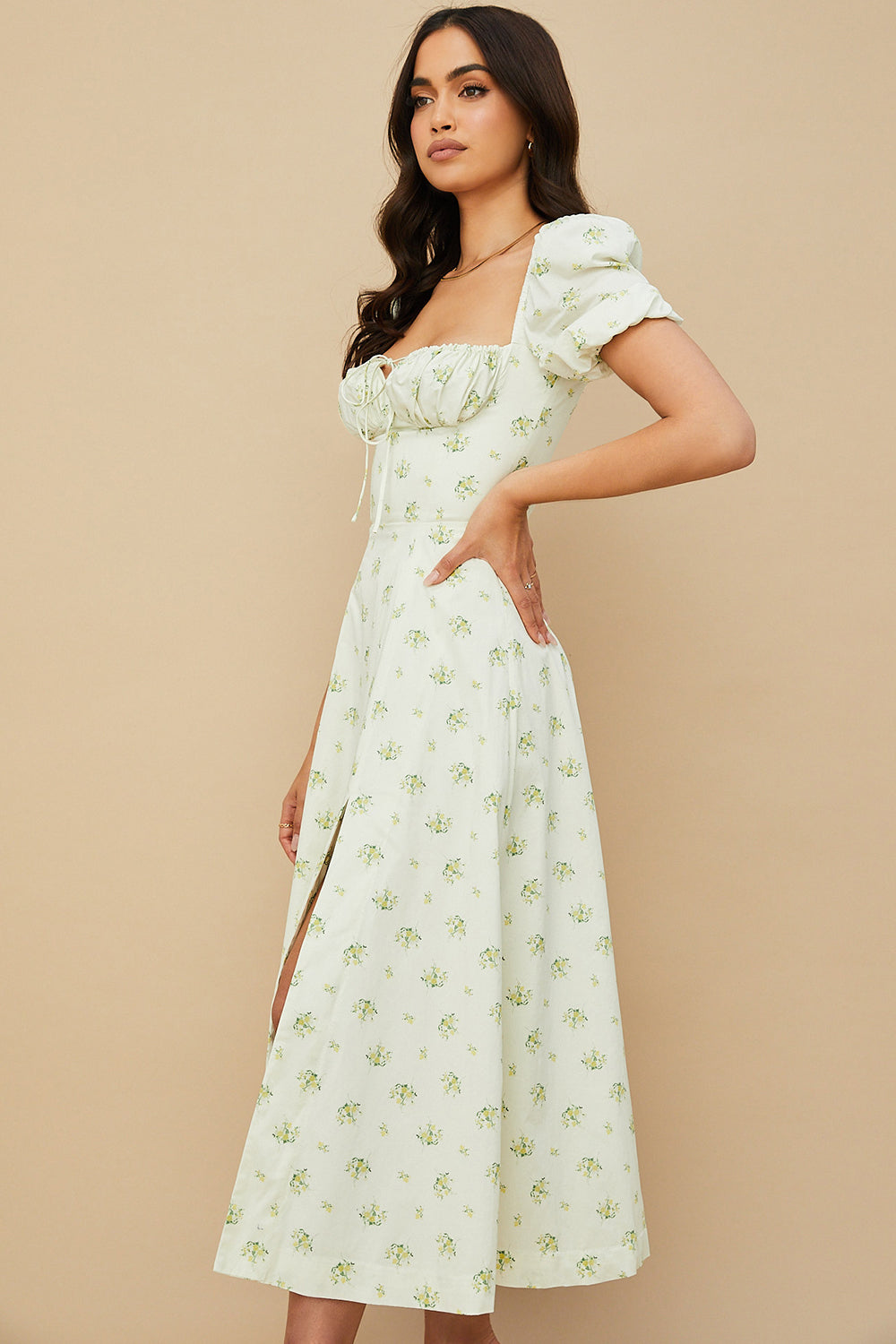 NIMA Midi zonnejurk met bloemenpofmouwen