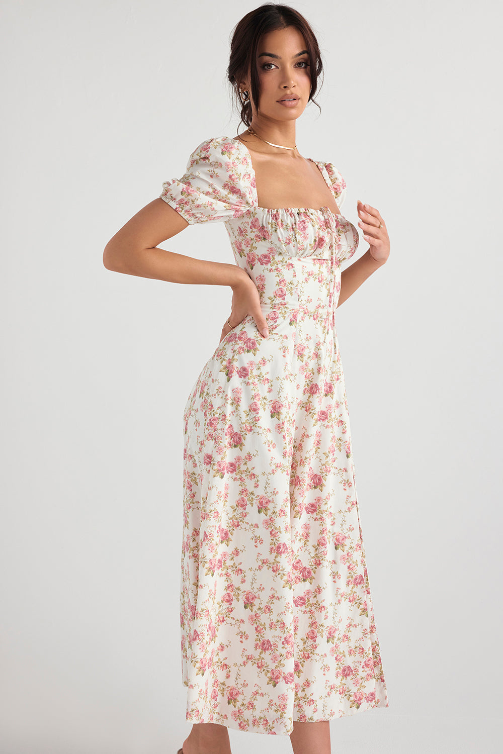 NIMA Midi zonnejurk met bloemenpofmouwen