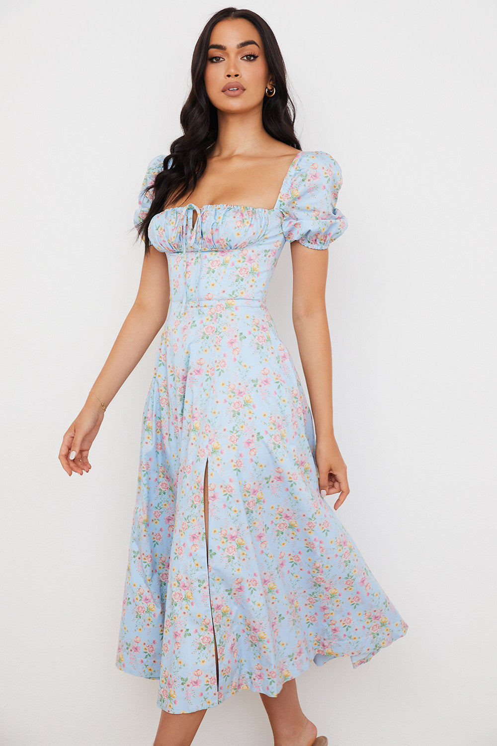 NIMA Midi zonnejurk met bloemenpofmouwen