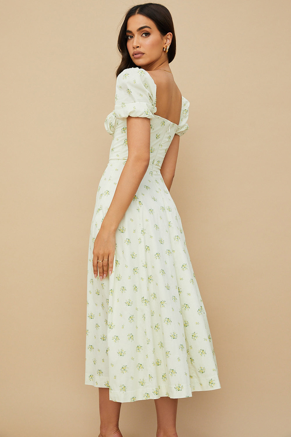 NIMA Midi zonnejurk met bloemenpofmouwen