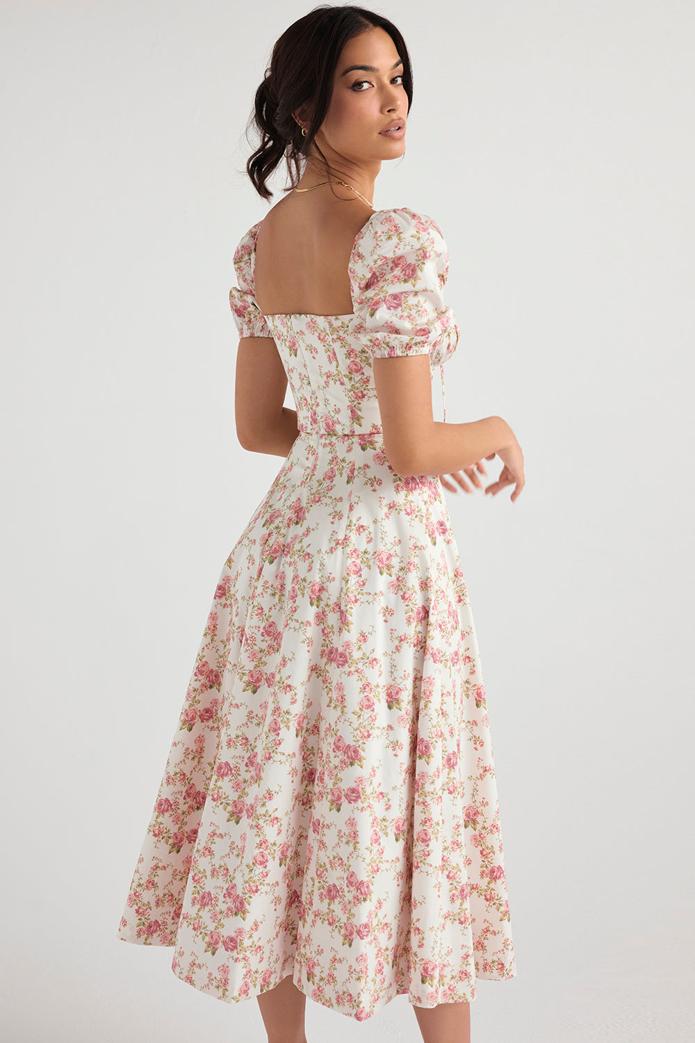 NIMA Midi zonnejurk met bloemenpofmouwen