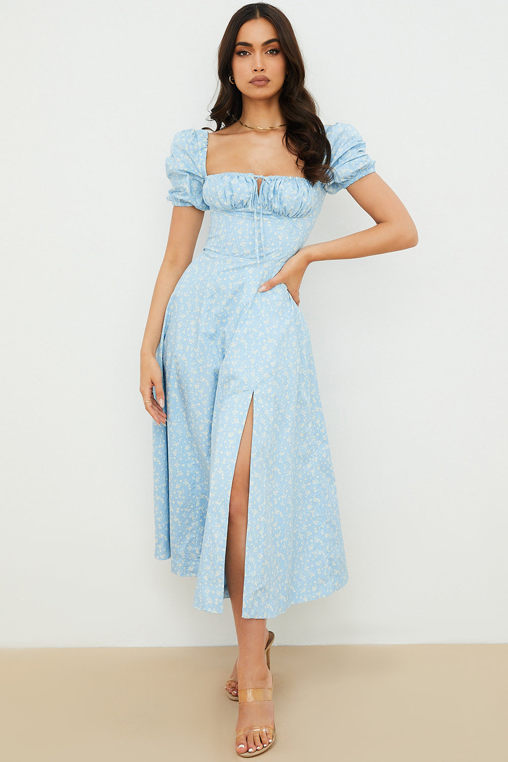 NIMA Midi zonnejurk met bloemenpofmouwen