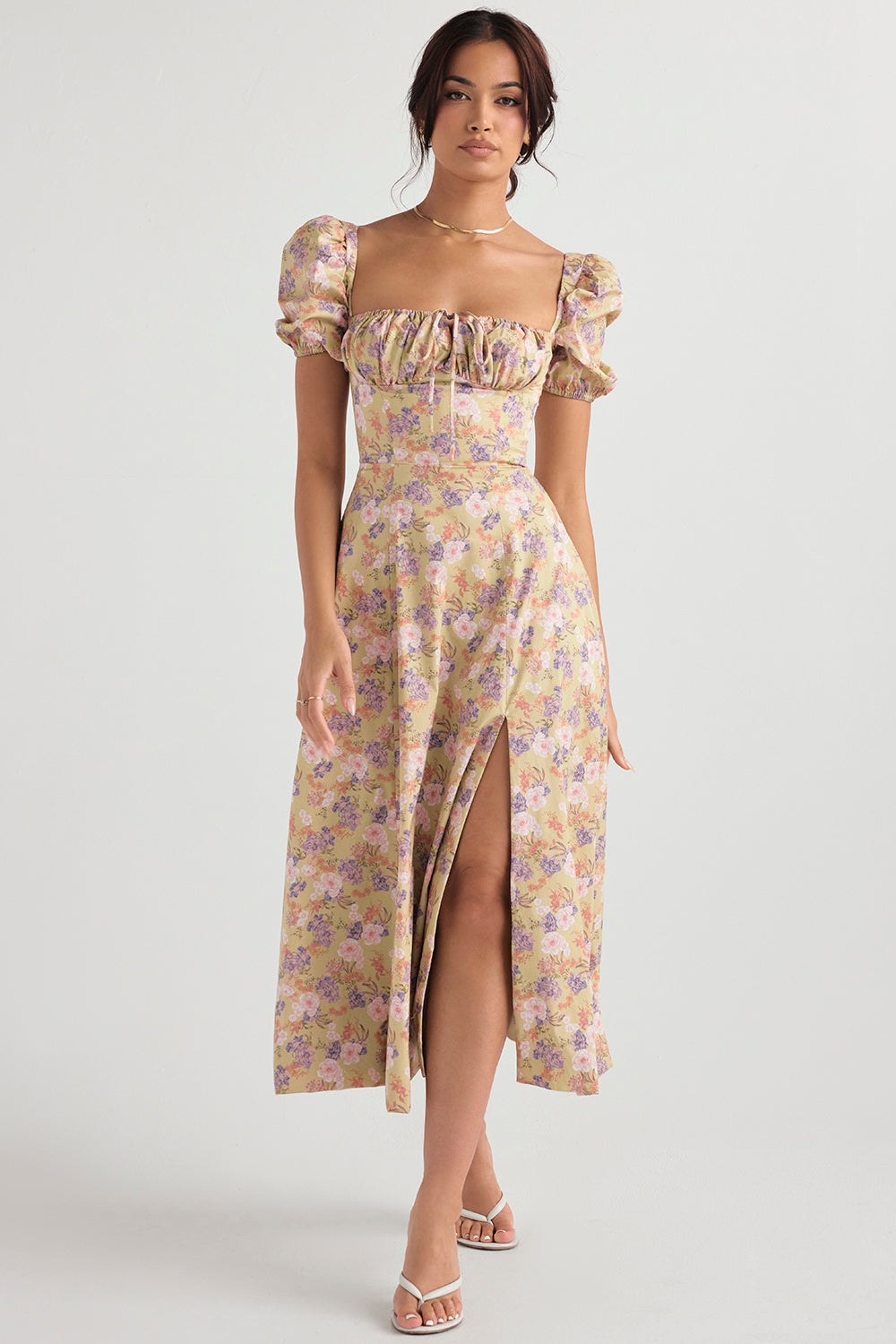 NIMA Midi zonnejurk met bloemenpofmouwen