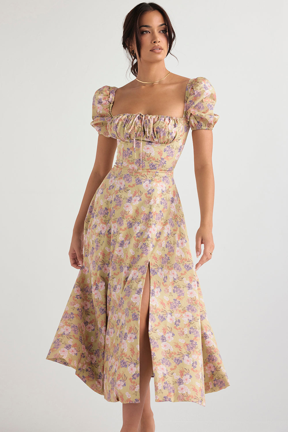 NIMA Midi zonnejurk met bloemenpofmouwen