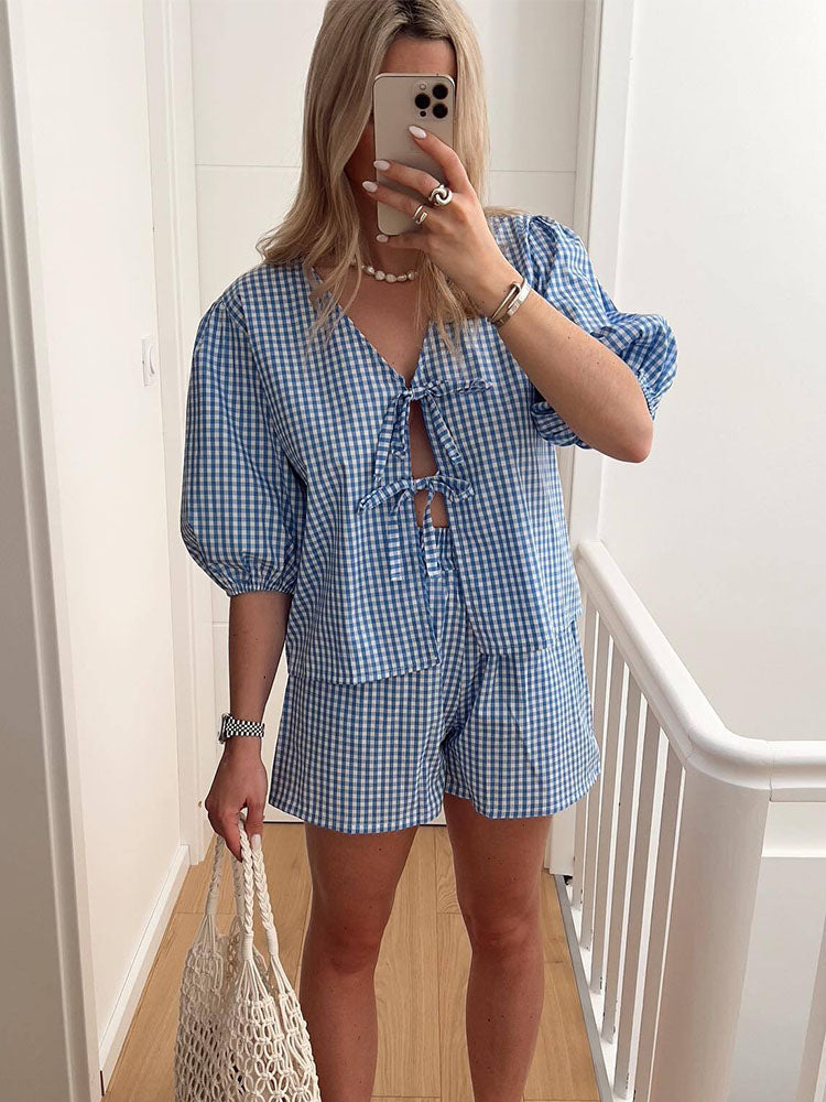 NIMA Getailleerde blouse en broek set met ruitenprint