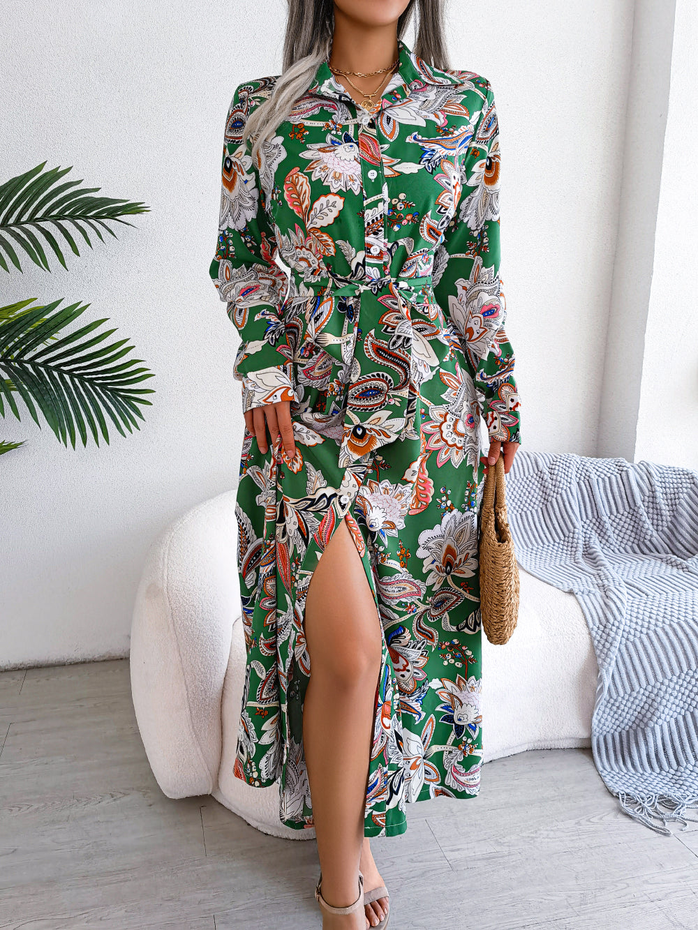 NIMA Bloemenprint Maxi-Shirt Jurk Lange Mouwen